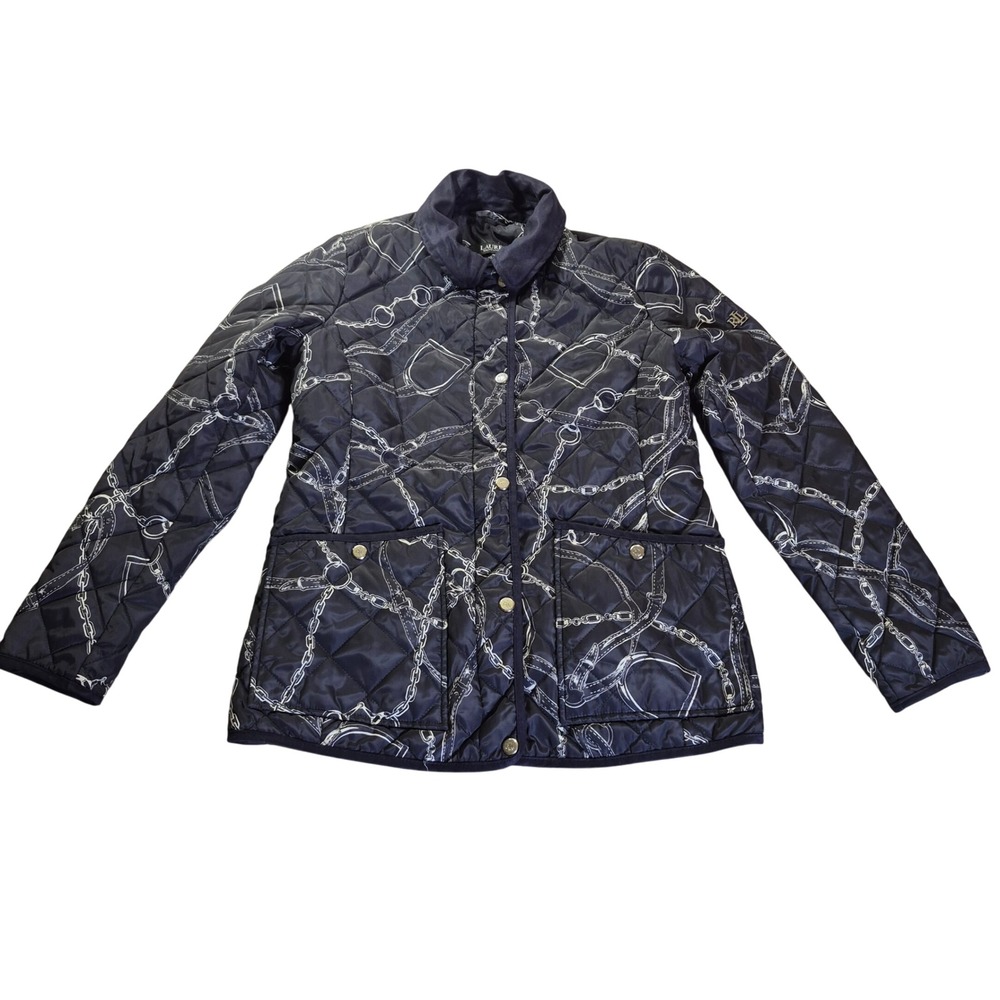 Lauren Ralph Lauren Quilted Jacket Womens Small Navy Equestrian Chain Print Coat